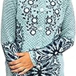 Women's Knitted Cardigan Sweater with Floral Embroidery, Mint Green and Navy Pattern, Button Front-image-88