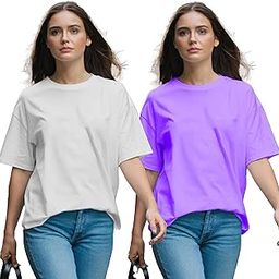 Half Sleeve T-Shirt for Travel, Adventure, Work-Out, Gym, Biking, Cycling and Sports (XXL, 2 Combo_Black_Lavender_Soild_Oversize Women Cotton Tshirt)-picture-30