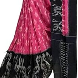 Handicrafts Women's Ikat Hand Block Print Pure Soft mul Cotton Saree with Blouse Piece Pink Black-9
