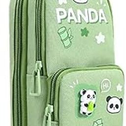 NIRLABH New Three Layer Canvas Cute Aesthetic Pencil Case for Girls Large Capacity Pen Pencil Pouch Compass Box for School Multifunctional Stationery Organizer (Green Panda)-image-43