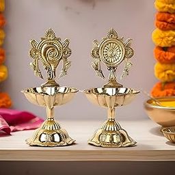 Narayan bhaktiᵀᴹ shankh Chakra, Diya for puja deepam kundulu jyot Diya pyali Stand for mandir/Office/Festive Gifts(W: 2.5" H: 3.4"|| Weight:150 gm) (Pack of 2)-image-35