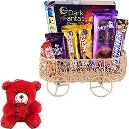 SFU E Com Premium Metal Cart With Full Of Chocolates | Valentine Teddy Bear With Chocolate Combo | Valentine Chocolate Hamper | 694-87