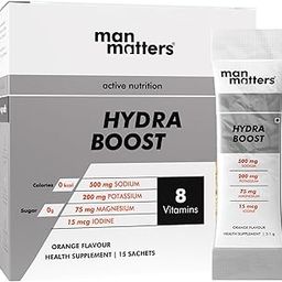 Man Matters Hydra Boost Electrolyte Powder | With 4 Electrolytes, 8 Vitamins & Iodine | No Added Sugar or Calories | Boosts Hydration, Fights Fatigue & Sharpens Focus | Orange Flavour | 15 Sachets-image-66