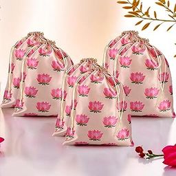 Kuber Industries Pack Of 6 Polyester Potli Bags|9X12 Inch|For Return Gifts|Wedding-Party|Drawstring Closure|Wallet|Baby Shower|Lotus Print|Cream-31