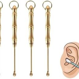 [4Pcs ] 2 in 1 Ear Pick Ear Curette Cleaner Earwax Removal Cleaning Tools Brass Reusable Ear Cleaner with Key Ring Removal Ear Care（Gold）Ear Spoon Ear Picks Cleaning-image-91