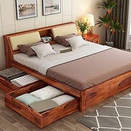 MJ FURNITURE Sheesham Wood King Size Bed with Drawer Storage Solid Wood Double Bed Palang Wooden Bed for Bedroom Living Room Furniture (Honey Finish)-picture-22