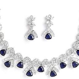 Rhodium Plated Contemporary Design White and Pink American Diamond Studded Triangular Necklace With Earring Fashion Jewellery Set For Girls and Women-1