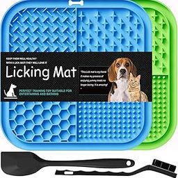 Lesipee Licking Mat for Dogs & Cats 2 Pack, Slow Feeder Lick Pat, Anxiety Relief Toys, Feeding Mat for Butter Yogurt Peanut, Pet Supplies, Bathing Grooming Training Calming (Blue & Green)-image-28