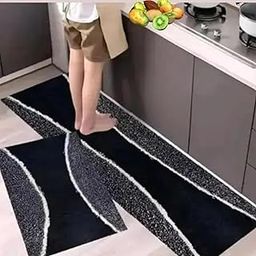 Home Kitchen Runner Floor Mat & Runner with Anti Skid Backing Runner Size (120x40 cm) and Bathmat (60x40 cm) (1, Grey Black)-image-2