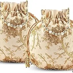 kuber industries Pack of 2 Potli Bags for Ladies & Girls | Women Shagun Pouches for Festive Seasons | Embroidery Batwa Bag Bridal Purse -Cream-picture-39