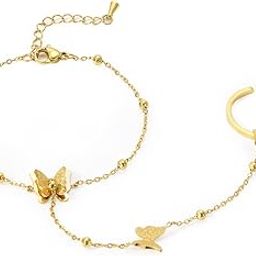 Ring Bracelet Hand Chain, 18K Gold Plated Butterfly Ring and Bracelet, Dainty Hand Harness Statement Jewelry for Women, Gold, Stainless Steel-image-16