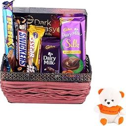 SFU E Com Combo Of Dairy Milk Roasted Almond And Dark Fantasy With Handmade Basket Gift | Valentine Love Teddy Bear With Chocolate Combo | Valentine Chocolate Hamper | 733-45