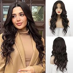 FESHFEN Long Wavy Wigs for Women, 26 Inches Medium Brown Middle Part Wigs Lace Front Synthetic Wig for Daily Party-image-30