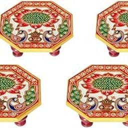 Handicrafts Paradise (4 x 4 inch, Set of 4Pc) Marble Octagonal Puja Chowki Painted Peacock Design Home Mandir, Idols Statues Pratima, Bajot for God, Home Décor Showpiece for Bulk Return Gifts-36