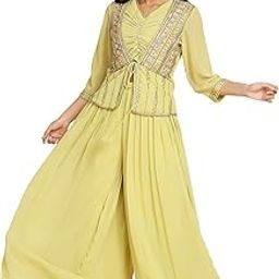 madhuram Women's Loose Palazzo and Crop Top with Short Jacket Set for Solid with Heavy Embroidery Work Palazzo Set(M-2425)-image-55