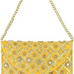 Kuber Industries Silk Traditional Mirror Work Envelope Clutch/Hand Purse Bag for Women/Girls (Gold)-KUBMART11451-image-5