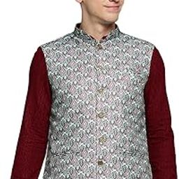SHOWOFF Men's Printed Green Ethnic Nehru Jackets-PR-108_Green-image-50