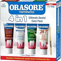 Orasore 4-in-1 Ultimate Dental Care Pack | Red Ayurvedic, Whitening, Salt & Neem, 24x7 Miswak Toothpastes | Free Bamboo Toothbrush | 4 x 100g-12