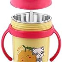 Zerya Hot & Cold Insulated Stainless Steel 360ml BPA-Free Cute Animal Design Baby Sipper Kids Water Bottle with Straw and Side Handle for Kids (Yellow)-9