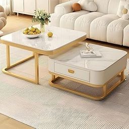 Seyroak Modern Marble-Inspired Square Coffee Table Set of 2 – Nesting Stacking Tea Tables with Wooden Drawer & Gold Metal Frame for Living Room (Golden & White)-0
