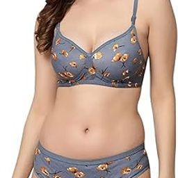Full Coverage Cotton Blend Printed Lightly Padded Comfort and Style Perfect Everyday Wear Lingerie Bra Panty Set for Women Multi Color-73