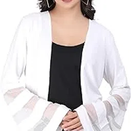 aol Women's Open Neck Viscose Knitted with Sheer Net Stripes Full Sleeve Flared Short Shrug-picture-27