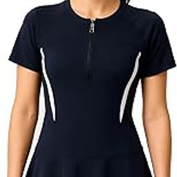 Women's Poly Jersey Frock Style Bodycon Swimming Costume Shorts with Attached Pad Half Sleeves with Front Zipper Closure. Pack of 1-image-30