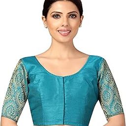 Womens Elbow Length Sleeves Silky Saree Blouse with Brocade Sleeves.-image-3
