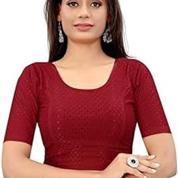 Round Neck Dobby Cotton Lycra Stretchable Elbow Sleeve Readymade Saree Blouse for Women Stylish-image-92