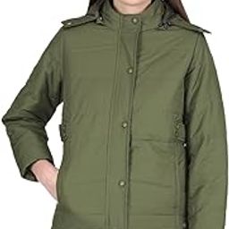 Womens Blended Nylon Olive Solid Hood Jacket-image-49