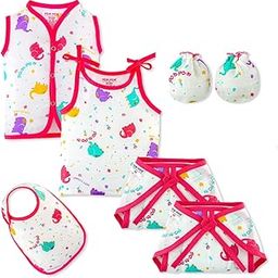 Pom Pom Sweethearts New Born Baby Combo Cloth Gift Set - 1 Printed Cotton Sleeveless Vest ,1 Slip,1 Bib,1 Swaddle, 2 Cloth Lace Nappy & 1 Pair Cotton Hand Mittens - Pack of 7(Elephant Print 0-3 Months)-image-4