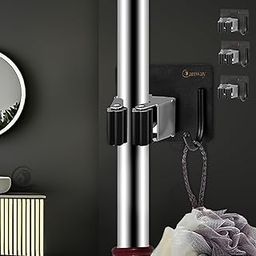 CANWAY® 4 Pcs Stainless Steel 1 Rack with 1 Hook Heavy Duty Broom and Mop Stick Holder for Home, Kitchen, Garden & Laundary (Black)-21