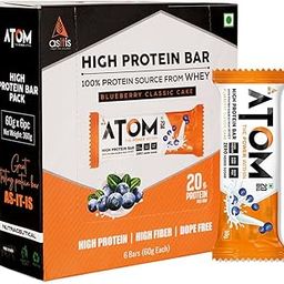 Asitis Nutrition Atom High Protein Bar | 20G Protein | Zero Transfat | Zero Added Sugar | Whey Protein Concentrate, Isolate & Hydrolysate As Protein Source | Pack Of 6 (60 Gram X 6) | Blueberry Cake-0