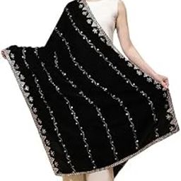 Black Embroidered Velvet Dupatta Striped Pattern Mirror Work - Use as Velvet Shawl or Dupatta, All Season Velvet-image-1