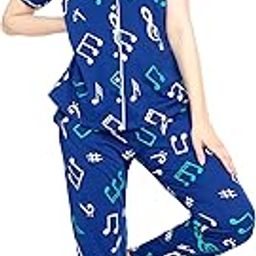 Night Suit for Women's Musical Note's Printed Cotton Night Dress of Shirt and Pajama Set 5748-image-98