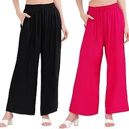 Palazzo Pants for Women Cotton Rayon Elasticated Flared Wide Leg Regular Fit M to 6XL Pack of 2-image-48