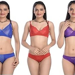 � Combo Alia & Comfy Women�s Cotton Bras, Panty Sexy Lingerie Girls Panty Bra Ladies Lingerie Set (36, Alia Pack of 3 Blue,Purple,RED)-36