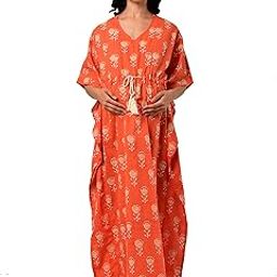 Women's Jaipuri Printed 100% Cotton Feeding Kaftan with Invisible Zip | Feeding/ Maternity/ Nursing Nightdress/ Nighties Sleep Wear - Rose Boota- Color- Orange-picture-9