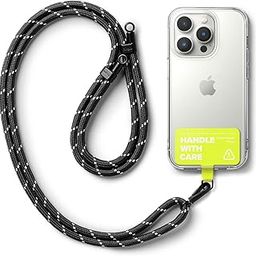 Ringke Holder Link Strap with Neon Green Tarpaulin Tag, Adjustable Crossbody Polyester Rope Lanyard Compatible with Universal Smartphone Case - Black & White-4