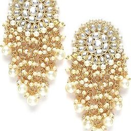 Gold Plated Floral Design Pearl and Kundan Drop Earring for Women-image-52