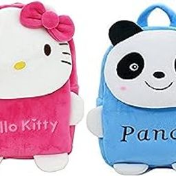 Black Hill Kids School Bag Soft Plush Backpack Cartoon Bags Mini Travel Bag for for Girls Boys Toddler Baby Hello Kitty & Blue Panda-image-99