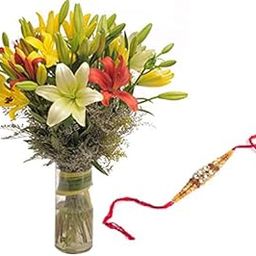 Floral Fantasy® Original Real Fresh Flower Bouquet For Rakhi Gift (Bunch Of 8 Mix Lilies in Glass Vase with one Rakhi)-image-47