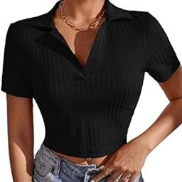 Black Ribbed Polo Collar Crop t-Shirt-image-86