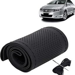KINGSWAY® Car Steering Wheel Cover Sewable Compatible with Honda City (Year 2009-2013), Top-Notch PU Leatherite, Black Color with Black Thread, Pack of 1 with Sewing Needle and Thread-image-2