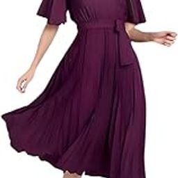 Women's Crepe Long Pleated Below Knee Length Flutter Sleeve Round Neck S to XL Maxi Dress for Girls. (EG-U0IM-B9A1)-image-1