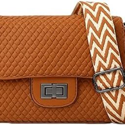 Crossbody Handbag with Chevron Strap, Tan Brown, Woven Pattern, Turn-Lock Closure-1