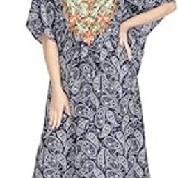 Women's Rayon V-Neck Kaftan Dress Ethnic Plus Size Loose Kimono Maxi Dress Blue-12