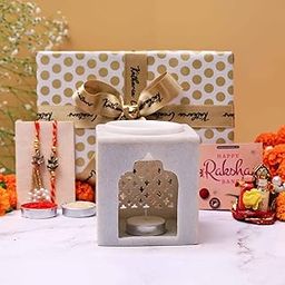 Katkaria Creations Raksha Bandhan Gift for Brother/Gift Hamper with Marble Aroma Diffuser, Kundan Rakhi, Tika Combo and Card/Handmade Rakhi Gift Hamper for Brother (Kundan Rakhi & Lumba)-image-49
