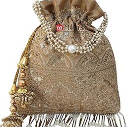 Fancy Potli Bag Golden Embroidery Designer Purse Drawstring Women's handbag with Pearl Handle & Tassel Weddings-image-80