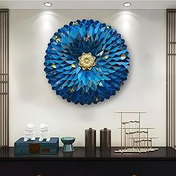 pranjals house Stylish 3D Metal Flower Wall Art, Blue and Gold Leaf Design,LED Light Decor for Living Room 28x28 Inch-image-46